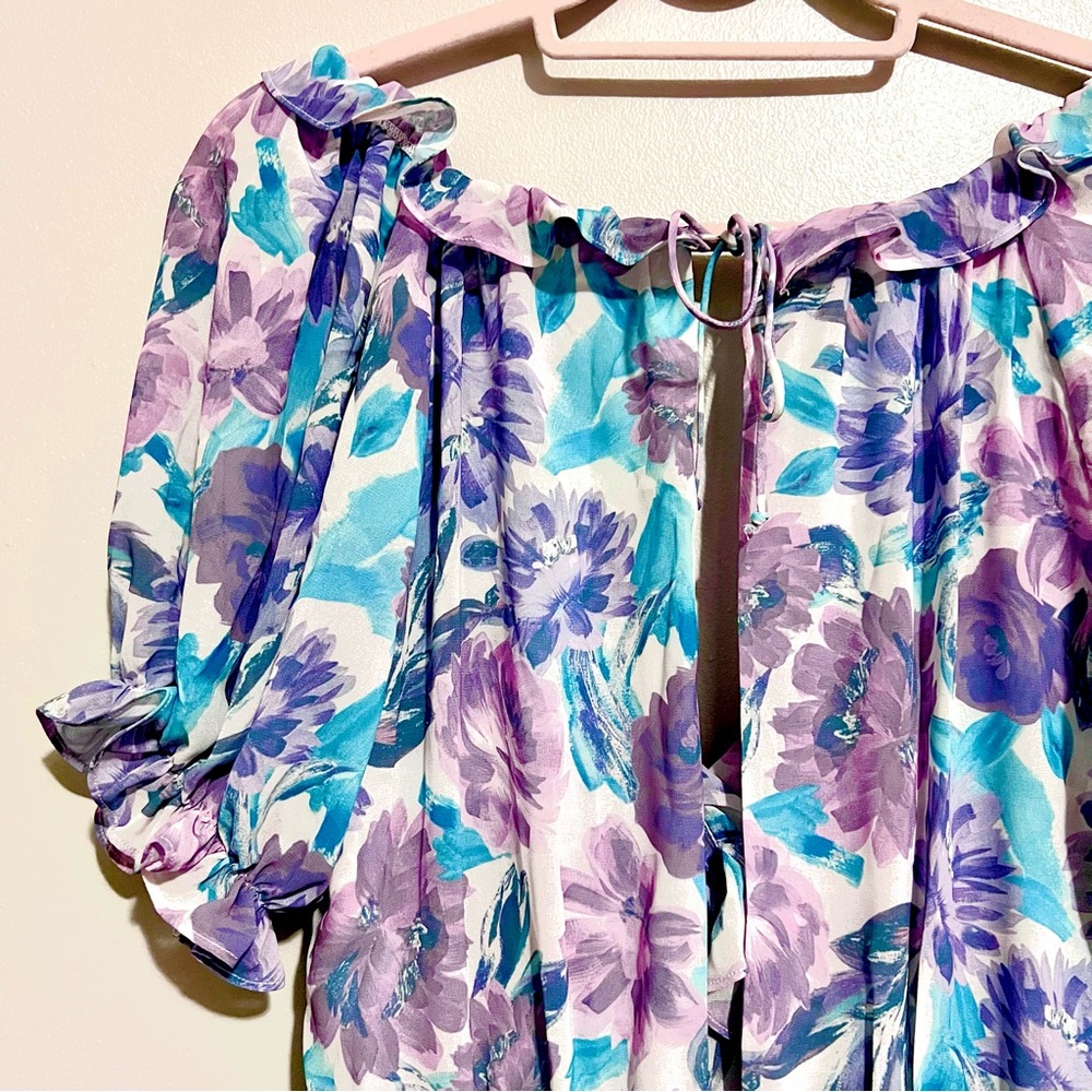 NWT For Love & Lemons Shelly Floral Lilac Ruffled Mini Puff Sleeve DressMSRP$236 - Picture 13 of 16